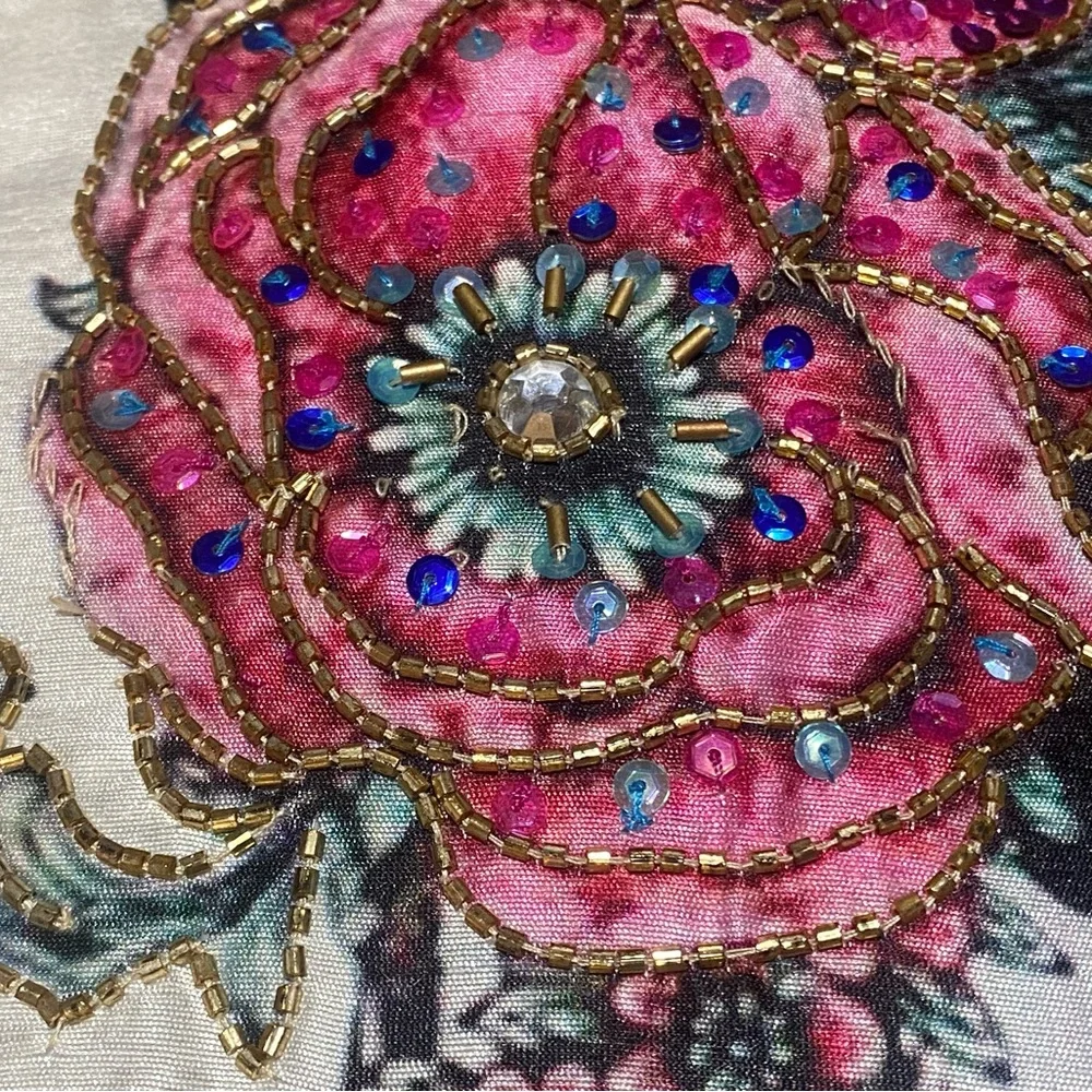 Embroidered and Bead Embellished Skull Decorative Pillow with Floral Design